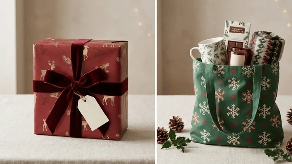 Comparison between traditional wrapped gift box and reusable Christmas gift tote bag Comparison between traditional wrapped gift box and reusable Christmas gift tote bag