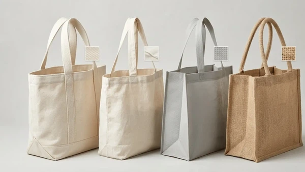 Canvas, cotton, non-woven polypropylene, and jute Christmas tote bags shown side by side Canvas, cotton, non-woven polypropylene, and jute Christmas tote bags shown side by side