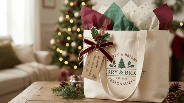 Personalized Christmas tote bag with gift tag, ribbon, tissue paper, and subtle printed branding Personalized Christmas tote bag with gift tag, ribbon, tissue paper, and subtle printed branding