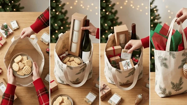 Step-by-step arrangement of items inside a Christmas gift tote bag with tissue paper and one decorative accent Step-by-step arrangement of items inside a Christmas gift tote bag with tissue paper and one decorative accent