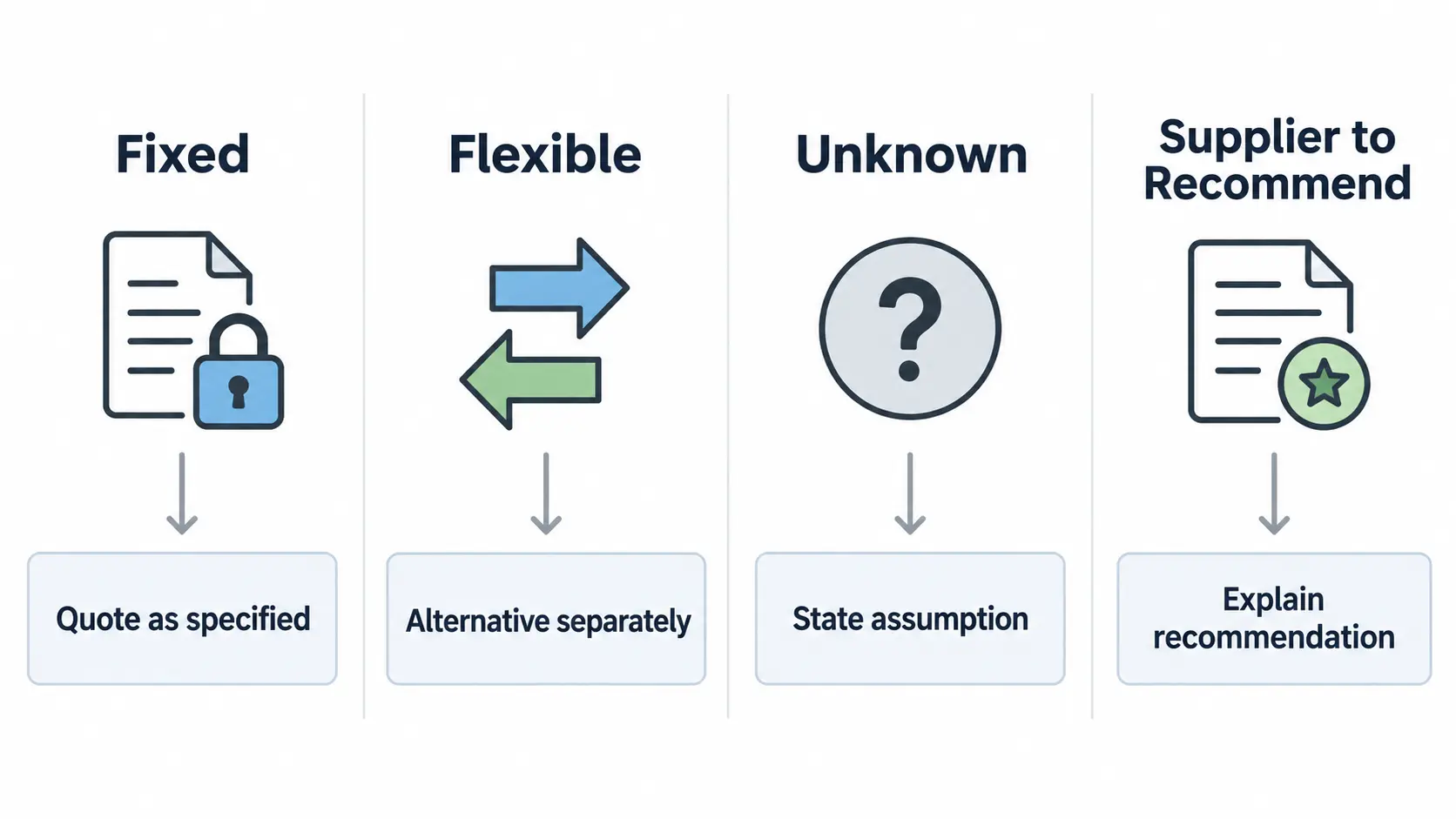 Four RFQ requirement statuses for fixed, flexible, unknown and supplier-recommended items. Four RFQ requirement statuses for fixed, flexible, unknown and supplier-recommended items.