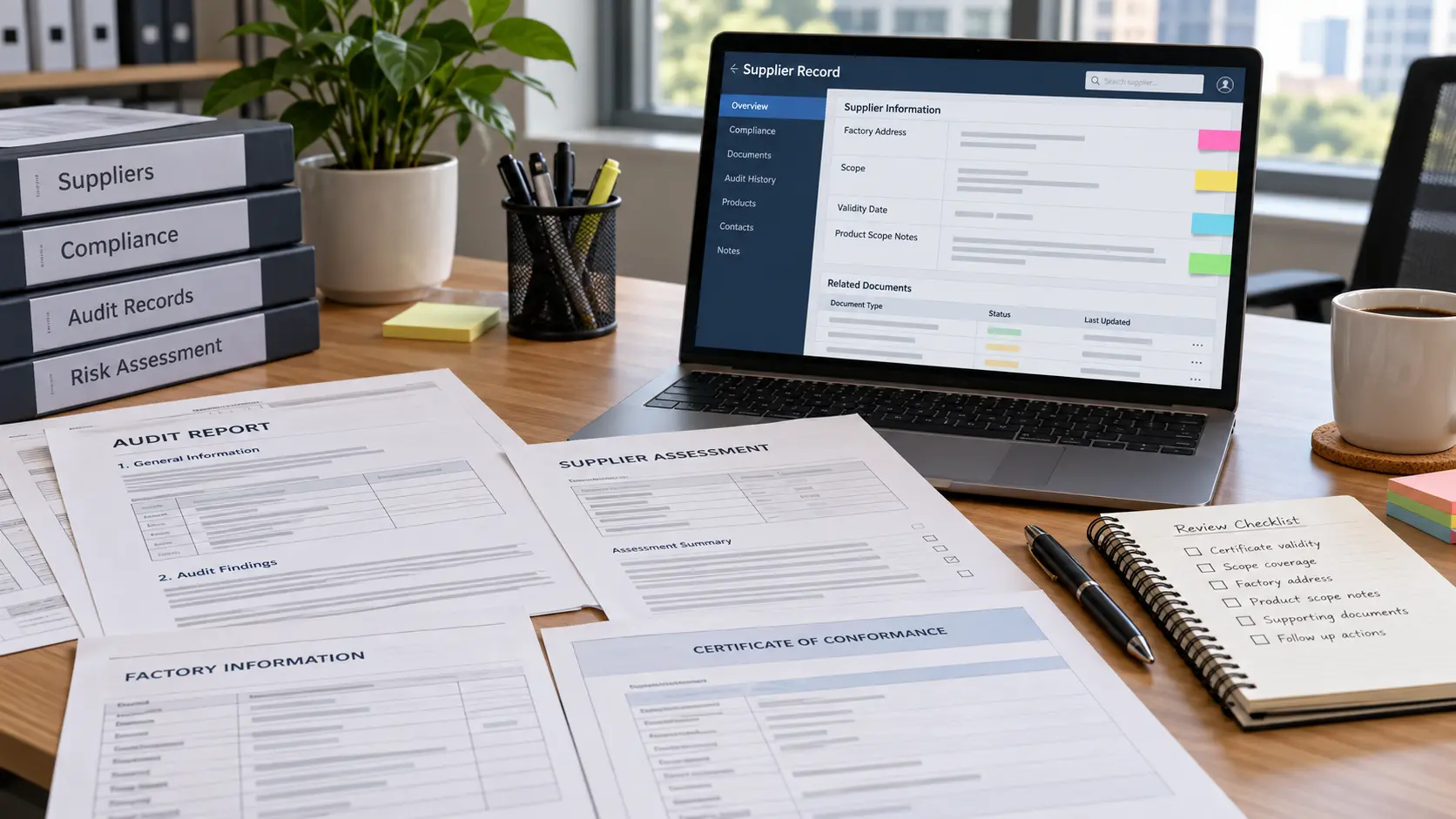 Supplier compliance document review checking legal entity, site, scope and validity Supplier compliance document review checking legal entity, site, scope and validity