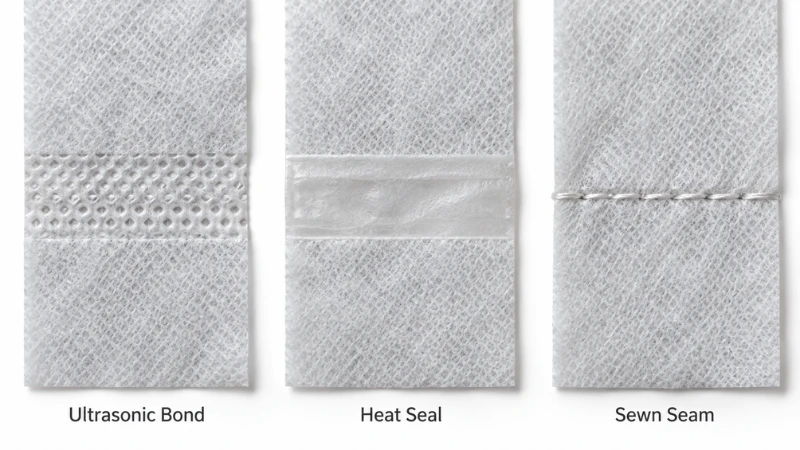Ultrasonic, heat-sealed and stitched joints compared on non-woven bag material Filename: nonwoven-bag-seam-methods-comparison.jpg Ultrasonic, heat-sealed and stitched joints compared on non-woven bag material Filename: nonwoven-bag-seam-methods-comparison.jpg