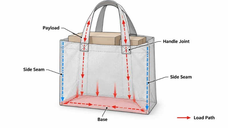 Non-woven shopping bag load path through the base, side seams and handle attachments Filename: nonwoven-tote-load-path.png Non-woven shopping bag load path through the base, side seams and handle attachments Filename: nonwoven-tote-load-path.png