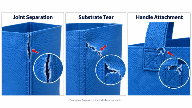 Schematic non-woven bag seam failure modes showing joint separation, fabric tearing and handle damage Schematic non-woven bag seam failure modes showing joint separation, fabric tearing and handle damage