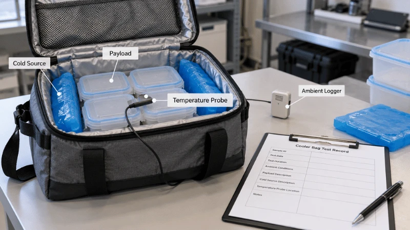 Cooler bag cold-retention test setup with payload, ice packs and temperature sensors Filename: cooler-bag-cold-retention-test-setup.jpg Cooler bag cold-retention test setup with payload, ice packs and temperature sensors Filename: cooler-bag-cold-retention-test-setup.jpg