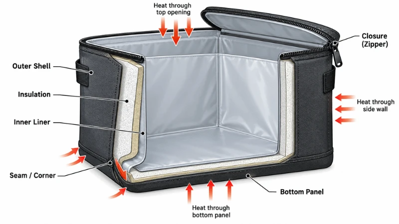 Soft cooler bag cross-section showing shell, insulation, liner and heat-transfer paths Filename: cooler-bag-thermal-system-diagram.png Soft cooler bag cross-section showing shell, insulation, liner and heat-transfer paths Filename: cooler-bag-thermal-system-diagram.png
