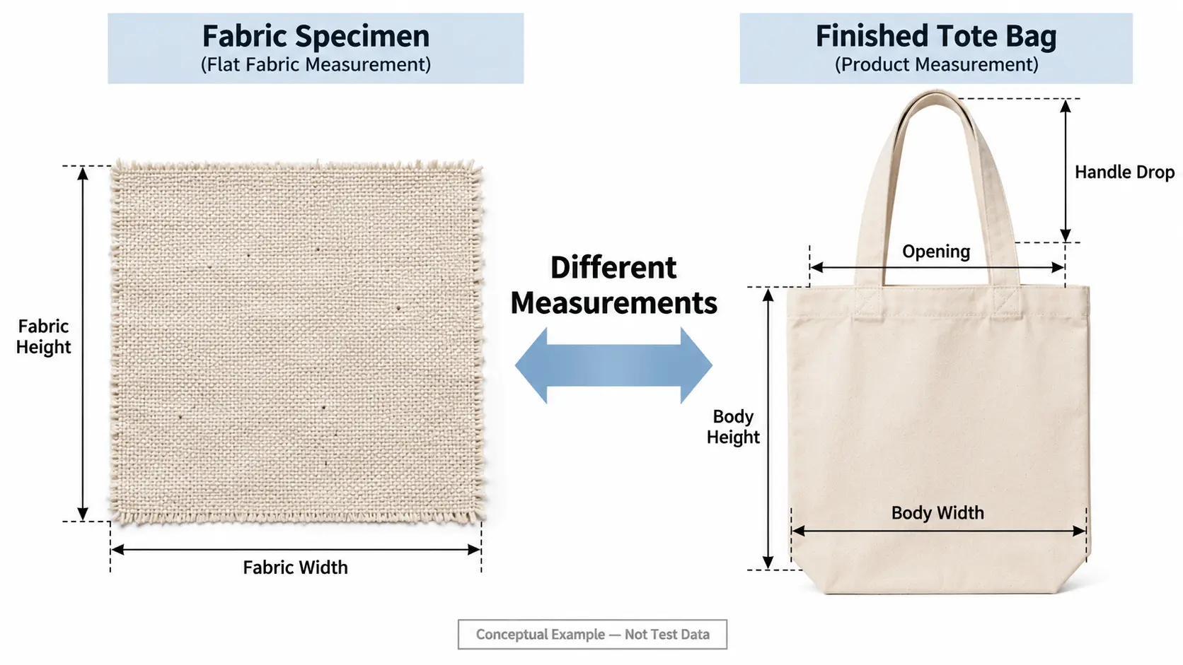 Comparison of fabric specimen shrinkage measurement and finished cotton tote dimensions including opening and handle drop Comparison of fabric specimen shrinkage measurement and finished cotton tote dimensions including opening and handle drop