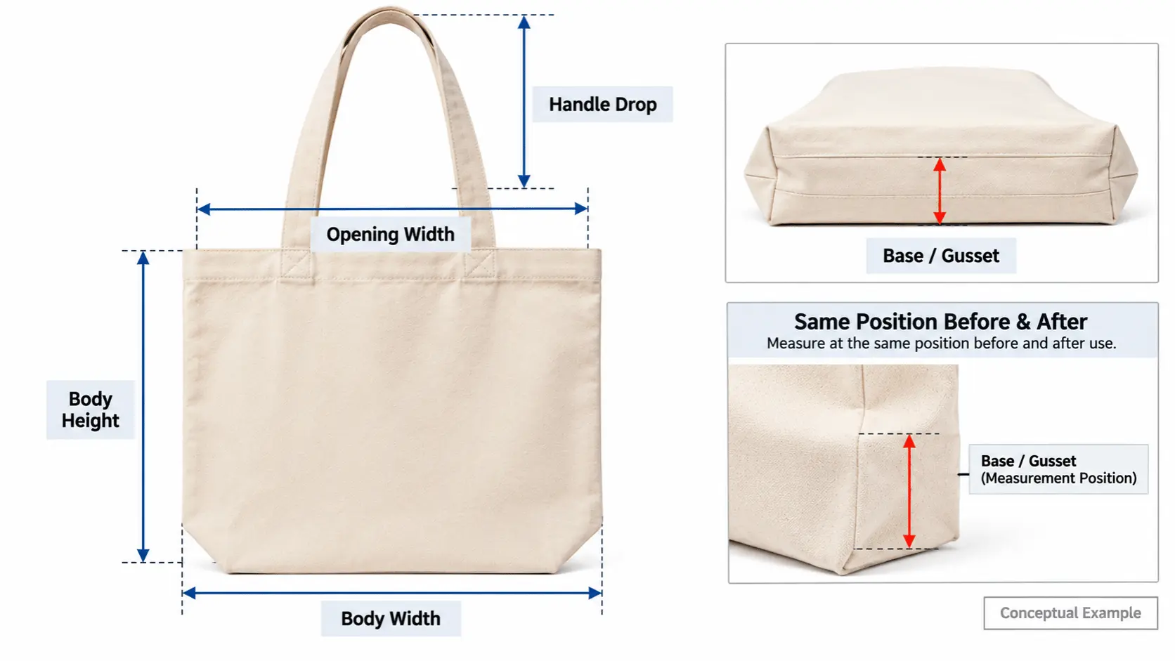 Measurement points used to compare a cotton tote bag before and after an agreed laundering procedure Measurement points used to compare a cotton tote bag before and after an agreed laundering procedure