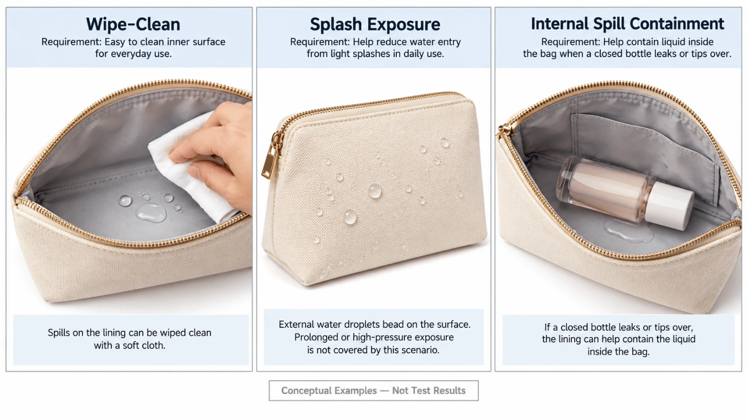 Wipe-clean lining splash exposure and internal spill containment shown as three different toiletry bag requirements Wipe-clean lining splash exposure and internal spill containment shown as three different toiletry bag requirements