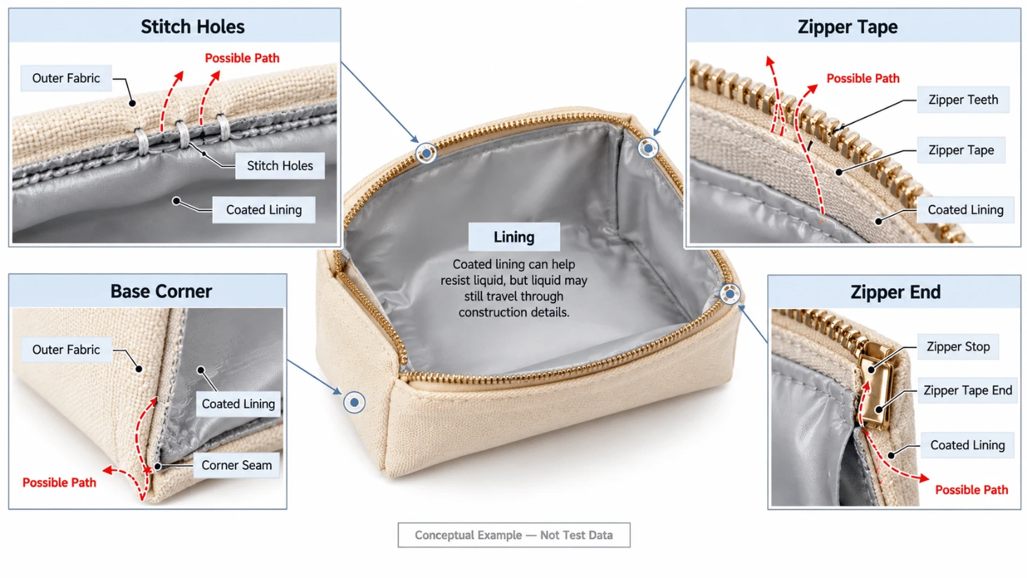 Conceptual toiletry pouch cross section showing potential spill paths through lining seams corners and zipper ends Conceptual toiletry pouch cross section showing potential spill paths through lining seams corners and zipper ends
