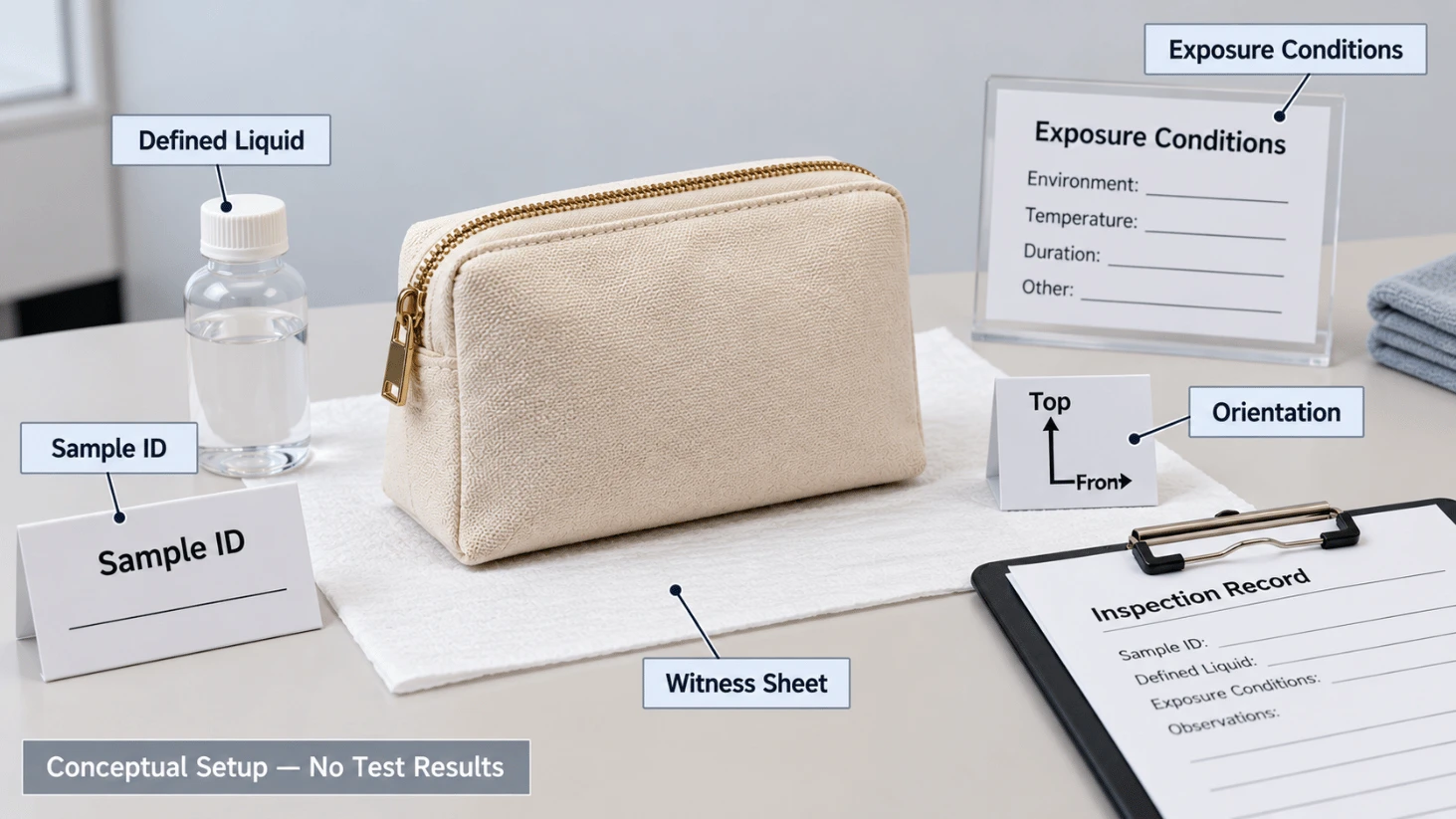 Conceptual finished toiletry bag spill test setup with witness sheet sample reference and recorded exposure conditions Conceptual finished toiletry bag spill test setup with witness sheet sample reference and recorded exposure conditions